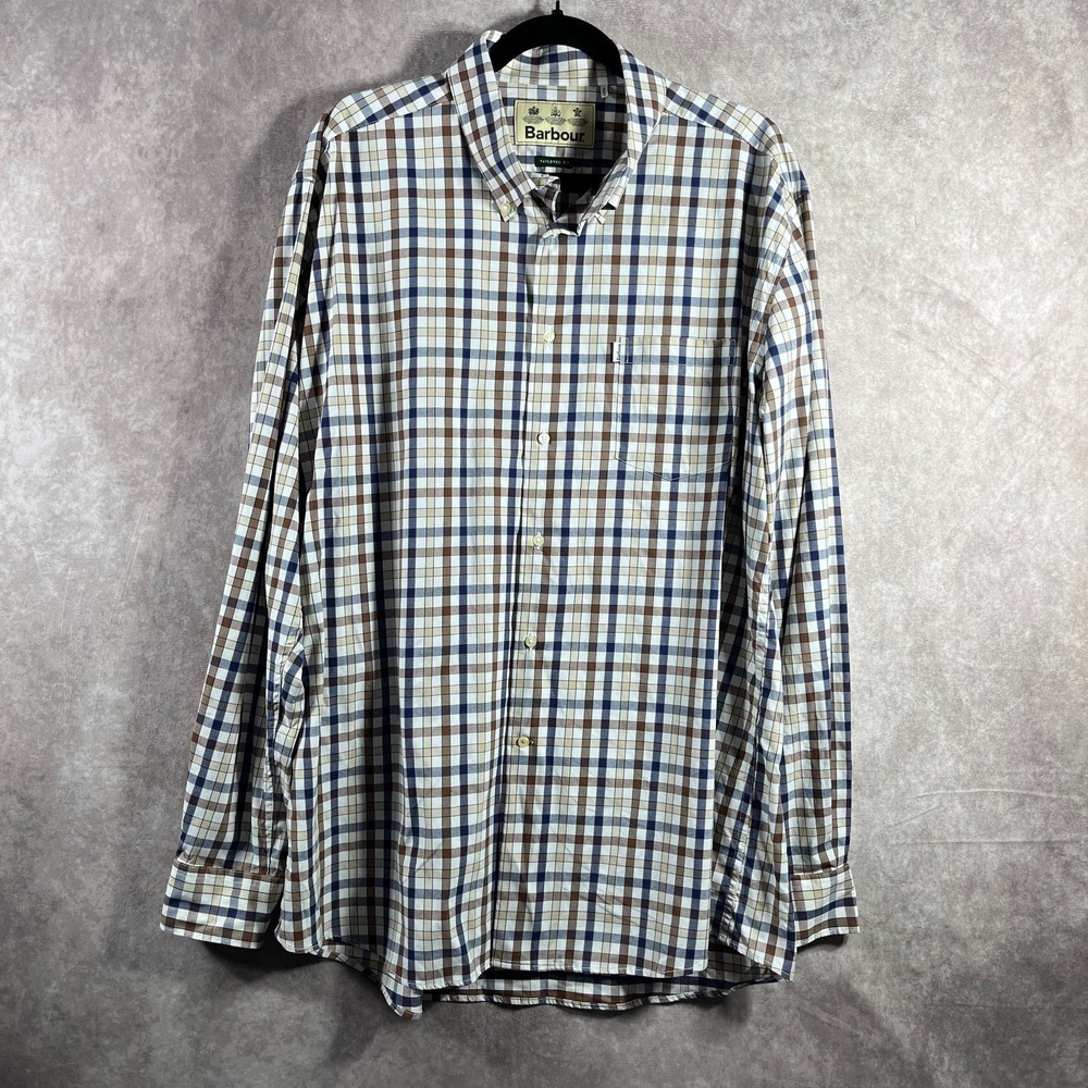 Barbour Fell Performance Shirt Men 3XL Tan Plaid Tailored Fit Button Down Casual
